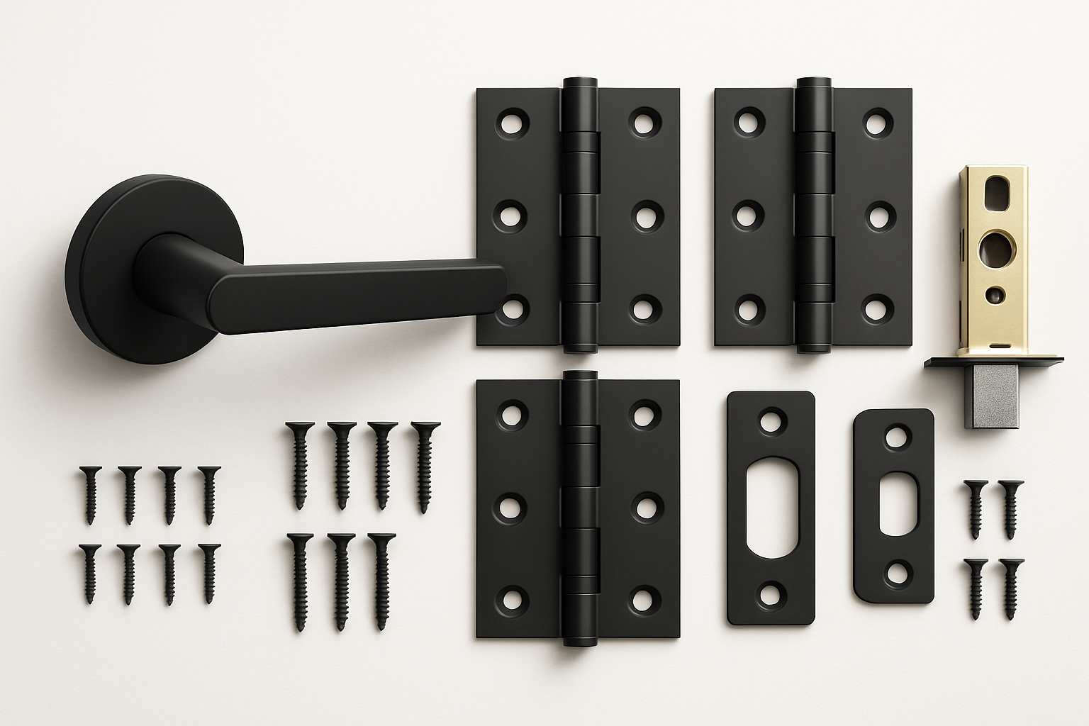 complete set of modern, matte black door hardware including handle, hinges, latch, and screws. Ideal for contemporary renovations.